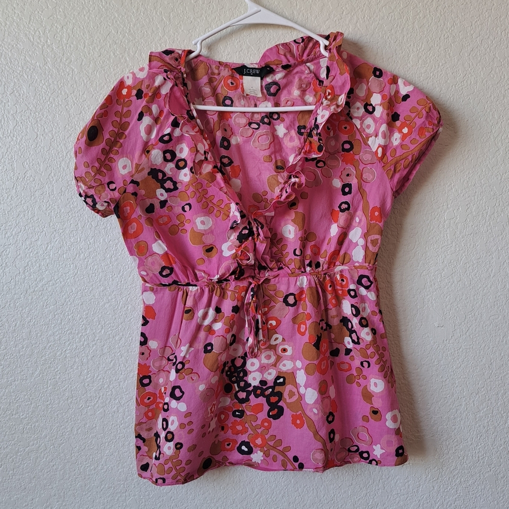 J. Crew Pink Floral Ruffle Babydoll Blouse Size 4